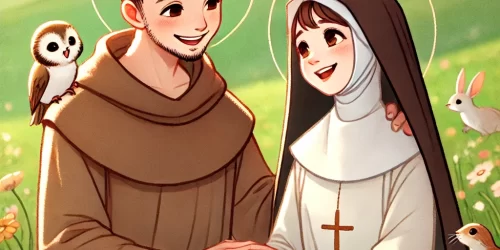 DALL·E 2024-08-09 17.26.10 - A heartwarming scene depicting the deep friendship between Saint Francis of Assisi and Saint Clare of Assisi. They are shown smiling warmly at each ot