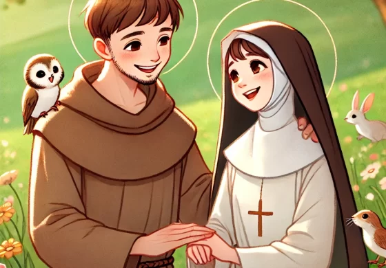 DALL·E 2024-08-09 17.26.10 - A heartwarming scene depicting the deep friendship between Saint Francis of Assisi and Saint Clare of Assisi. They are shown smiling warmly at each ot