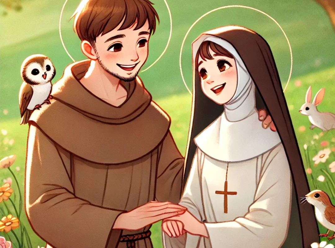 DALL·E 2024-08-09 17.26.10 - A heartwarming scene depicting the deep friendship between Saint Francis of Assisi and Saint Clare of Assisi. They are shown smiling warmly at each ot