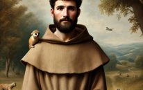 DALL·E 2024-09-17 16.10.35 - A full-body image of Saint Francis of Assisi, aged between 20 to 25 years. He is dressed in a simple brown monk's robe, barefoot, with a rope belt, an (1)