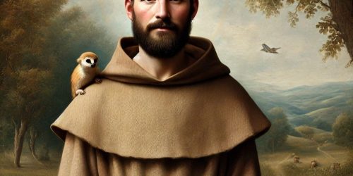 DALL·E 2024-09-17 16.10.35 - A full-body image of Saint Francis of Assisi, aged between 20 to 25 years. He is dressed in a simple brown monk's robe, barefoot, with a rope belt, an (1)