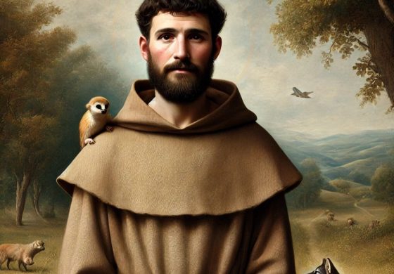 DALL·E 2024-09-17 16.10.35 - A full-body image of Saint Francis of Assisi, aged between 20 to 25 years. He is dressed in a simple brown monk's robe, barefoot, with a rope belt, an (1)