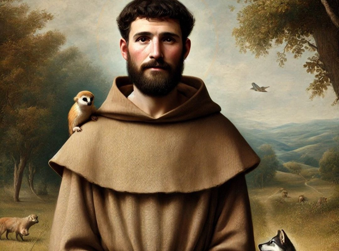 DALL·E 2024-09-17 16.10.35 - A full-body image of Saint Francis of Assisi, aged between 20 to 25 years. He is dressed in a simple brown monk's robe, barefoot, with a rope belt, an (1)