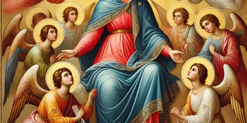 DALL·E 2024-10-14 13.43.53 - A religious icon depicting Our Lady of the Angels in a traditional style. She is seated and dressed in flowing robes of blue and red, with a serene ex