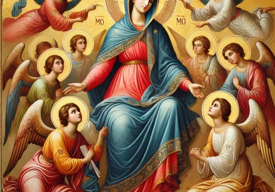 DALL·E 2024-10-14 13.43.53 - A religious icon depicting Our Lady of the Angels in a traditional style. She is seated and dressed in flowing robes of blue and red, with a serene ex