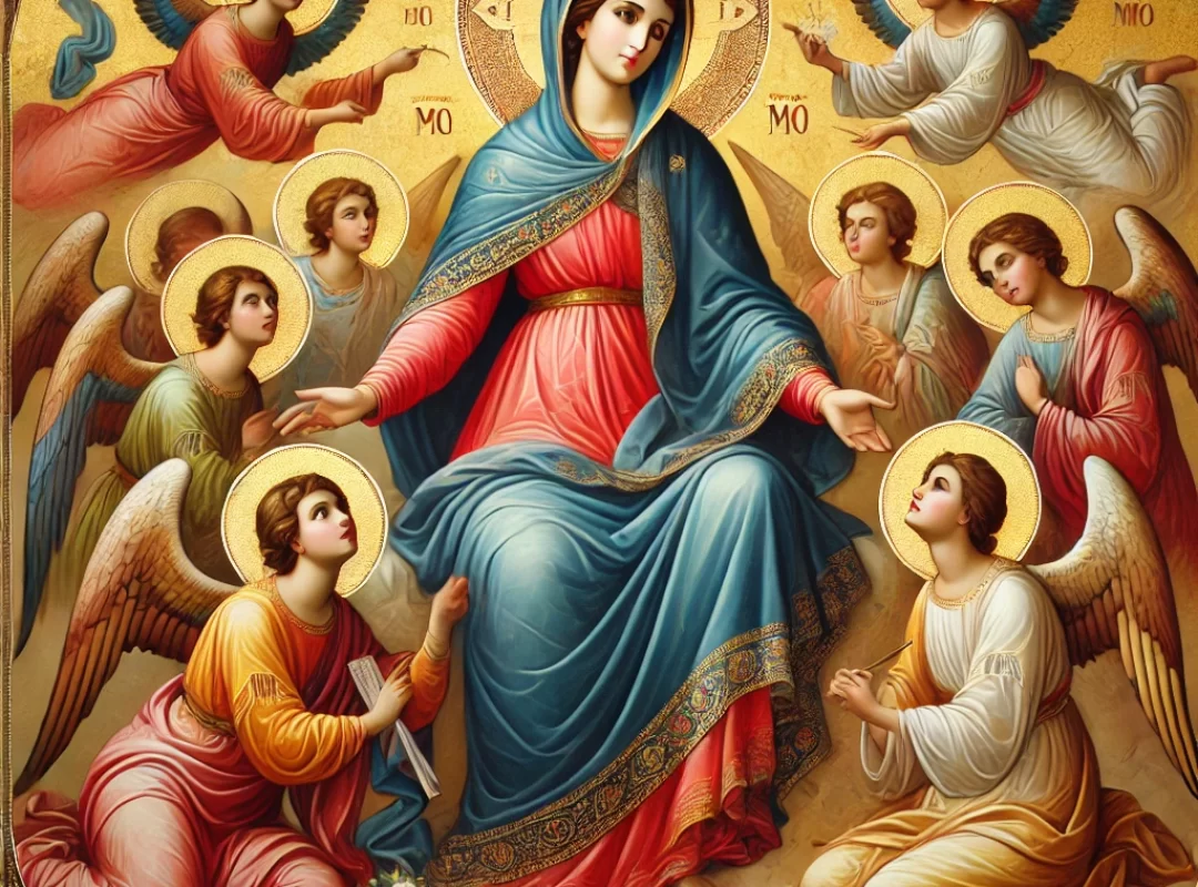 DALL·E 2024-10-14 13.43.53 - A religious icon depicting Our Lady of the Angels in a traditional style. She is seated and dressed in flowing robes of blue and red, with a serene ex