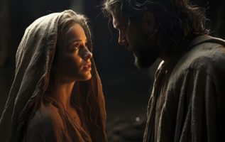 jesus and an old woman standing in the middle of an entrance, in the style of romantic soft focus and ethereal light, movie still, intricate use of hatching, natural lighting, historical significance, nikon d850, 1860–1969 --chaos 20 --ar 3:2 --style raw --stylize 550 --v 5.2 Job ID: a4db61c2-f79b-4124-a2ad-8cb60d7b7324