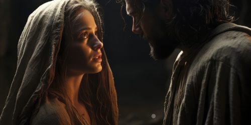 jesus and an old woman standing in the middle of an entrance, in the style of romantic soft focus and ethereal light, movie still, intricate use of hatching, natural lighting, historical significance, nikon d850, 1860–1969 --chaos 20 --ar 3:2 --style raw --stylize 550 --v 5.2 Job ID: a4db61c2-f79b-4124-a2ad-8cb60d7b7324