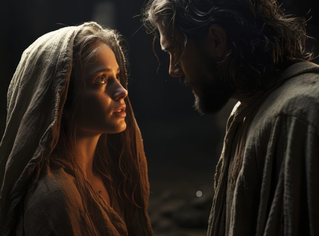 jesus and an old woman standing in the middle of an entrance, in the style of romantic soft focus and ethereal light, movie still, intricate use of hatching, natural lighting, historical significance, nikon d850, 1860–1969 --chaos 20 --ar 3:2 --style raw --stylize 550 --v 5.2 Job ID: a4db61c2-f79b-4124-a2ad-8cb60d7b7324